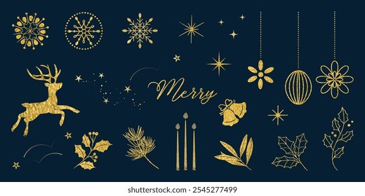 Christmas elements vector set. Luxury decorative element with Christmas bauble, reindeer, holly leaves, candle with gold foil texture. Design for sticker, Happy New year, season's greetings card.