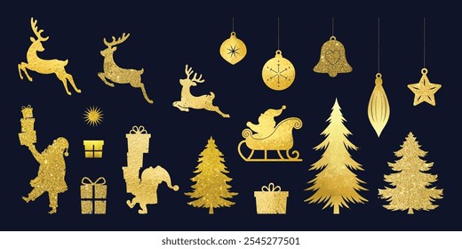 Christmas elements vector set. Luxury decorative element with Christmas tree, gift, santa, reindeer, bauble with gold foil texture. Design for sticker, Happy New year, season's greetings card.