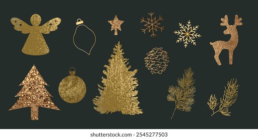 Christmas elements vector set. Luxury decorative element with Christmas tree, angel, reindeer, leaves, bauble with gold foil texture. Design for sticker, Happy New year, season's greetings card.