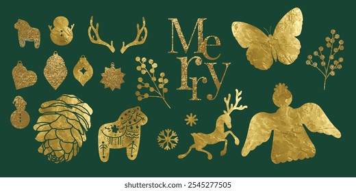 Christmas elements vector set. Luxury decorative element with Christmas bauble, butterfly, angel, reindeer with gold foil texture. Design for sticker, Happy New year, season's greetings card.