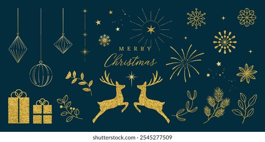 Christmas elements vector set. Luxury decorative element with Christmas bauble, reindeer, holly, gift, firework with gold foil texture. Design for sticker, Happy New year, season's greetings card.