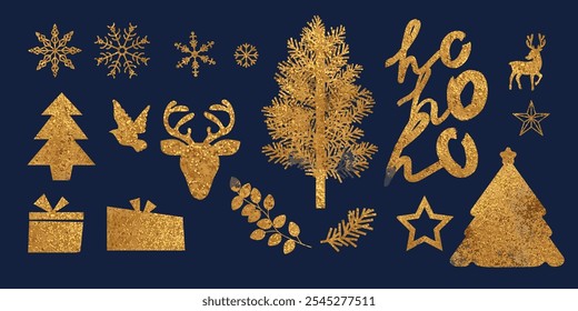 Weihnachtselemente, Vektorsatz. Luxus dekoratives Element mit Weihnachtsbaum, Geschenk, Vogel, Schneeflocke, Rentier mit goldener Folienstruktur. Design für Aufkleber, Frohes Neues Jahr, Saison-Grußkarte.