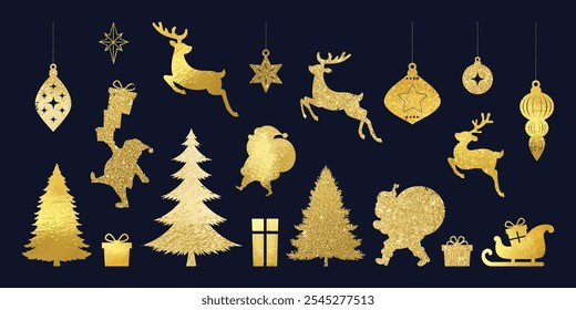 Christmas elements vector set. Luxury decorative element with Christmas tree, gift, santa, reindeer, bauble with gold foil texture. Design for sticker, Happy New year, season's greetings card.