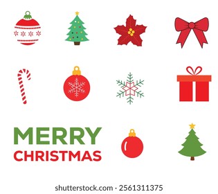 Christmas elements vector, tree, bow, box, light, stick