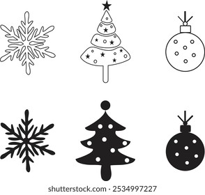 Christmas elements vector, Tree vector, Line art elements, Silhouette elements