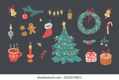 Christmas elements. Vintage Christmas decoration, fir tree, wreath, and candles on dark background. Cozy winter illustration. 