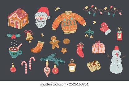 Christmas elements. Vintage Christmas decoration, fir tree, Santa, ginger bread and ugly sweater on dark background. Cozy winter illustration. 