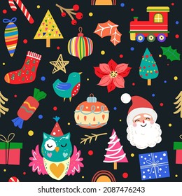 Christmas elements in vintage style on a black background seamless pattern. Vector illustration