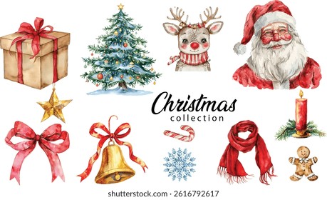 Christmas elements watercolor illustration with Santa, reindeer, gifts, and festive decor


