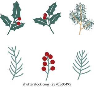 Christmas elements , Winter Green Leaves Flat Vector Design