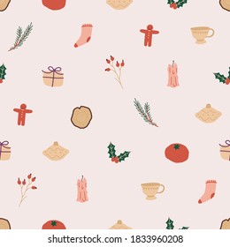 Christmas elements winter minimalist pattern for fabric, wrapping paper, surface design. Cute presents, ginger bread cookies, oranges, stocking endless wallpaper