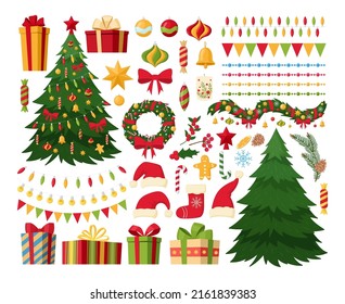 Christmas elements, xmas trees, gift boxes and garlands. Winter holidays decorations, Santa hats, socks and wrapped presents vector symbols illustrations set