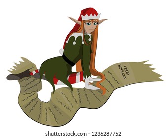 Christmas Elf Anime Girl. Illustration of elf reading list of good boys to give them toys