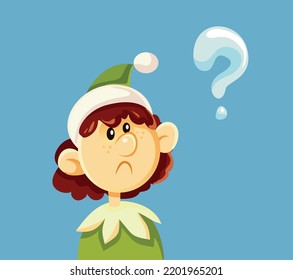 
Christmas Elf Asking Questions Vector Cartoon Illustration. Helper of Santa Claus feeling unhappy and introspective
