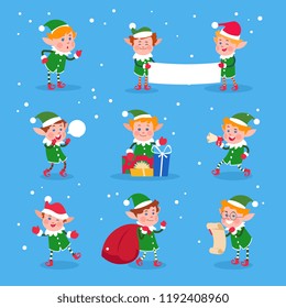 Christmas elf. Baby elves santa claus helpers. Funny winter dwarf vector characters. Illustration of funny character boy, cartoon costume gnome