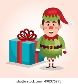 christmas elf with big gift isolated graphic