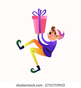 Christmas elf with big present. Santa Claus helper. Festive elf isolated on white background. Vector illustration.