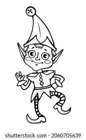 christmas elf black outline cartoon illustration for coloring book. vector