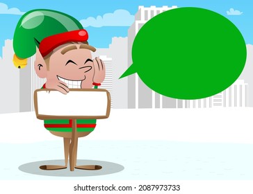 Christmas Elf with blank paper on wood board, sign. Vector cartoon character illustration of Santa Claus's little worker, helper.
