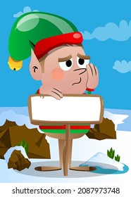 Christmas Elf with blank paper on wood board, sign. Vector cartoon character illustration of Santa Claus's little worker, helper.