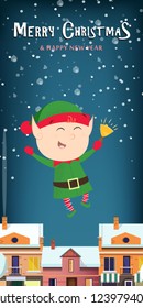Christmas elf blue poster design. Creative lettering with cartoon elf on blue background with snowflakes. Can be used for postcards, invitations, greeting cards