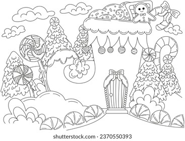 Christmas elf boot house with chritmas sweets and gingerbread man and lollipops coloring page for kids and adults, new year themed outline art for postcard design, winter holiday printable activity