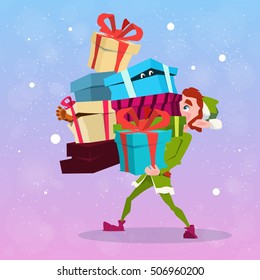 Christmas Elf Boy Cartoon Character Santa Helper Hold Many Present Box Flat Vector Illustration