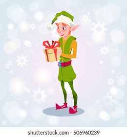 Christmas Elf Boy Cartoon Character Santa Helper With Present Box Flat Vector Illustration