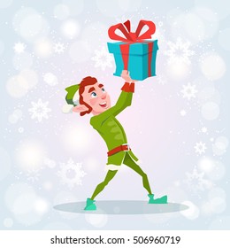 Christmas Elf Boy Cartoon Character Santa Helper With Present Box Flat Vector Illustration