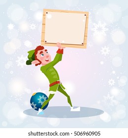 Christmas Elf Boy Cartoon Character Santa Helper Hold Empty Sign Board Banner Flat Vector Illustration