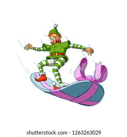 Christmas elf boy dropping from the sky riding a snowboard gift with ribbon.