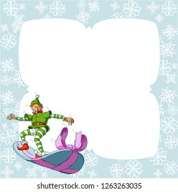 Christmas elf boy dropping from the sky riding a snowboard gift with ribbon.