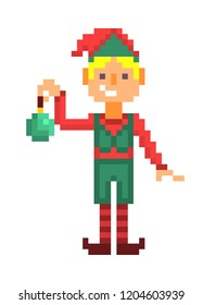 Christmas elf boy with a green toy, pixel art character isolated on white background. 8 bit retro old school 80s; 90s slot machine/video game grapics. Santa's helper. 