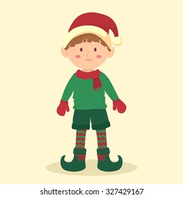 Christmas Elf Boy. Illustration of christmas greeting card with cute elf boy in simple cream background.