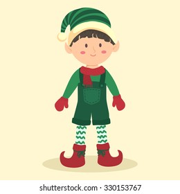 Christmas Elf Boy with Jumpsuit. Illustration of christmas greeting card with elf boy in simple cream background.