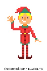 Weihnachtselfjunge winkend, Pixelkunstfigur einzeln auf weißem Hintergrund. 8 Bit Retro alte Schule 80er; 90er-Slotmaschinen/Videospielgrafiken. Der Helfer des Weihnachtsmanns. 