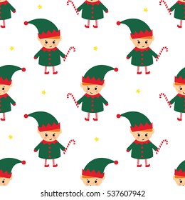 Christmas elf with candy cane seamless pattern on white background. Cute winter holidays background. Baby design for textile, fabric, decor.