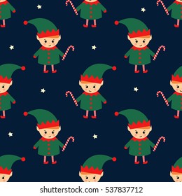 Christmas elf with candy cane seamless pattern on dark blue background. Cute winter holidays background. Baby design for textile, fabric, decor.