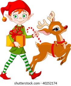 Christmas elf carries gifts together with Rudolph The Red-nosed Reindeer