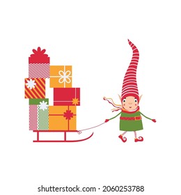 A Christmas elf carries New Year's gifts on a sled. Adorable illustration for children