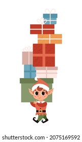 Christmas elf carries a whole bunch of gifts in his arms. Santa Claus helper. Cute vector character. Festive elf isolated on a white background.