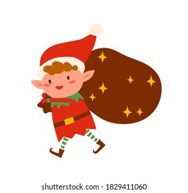 Christmas elf carry bag with gifts vector flat illustration. Cute little Santa helper going with huge sac full of holiday presents isolated on white. Fairy tail character hold sack