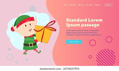 Christmas elf carrying gift box. Vector illustration of elf in green costume holding box with present and walking. Christmas, fairy tales, cartoon character. Can be used for banner or landing page