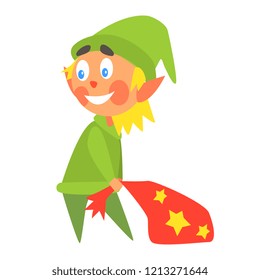 Christmas Elf carrying Present Bag. Flat Vector