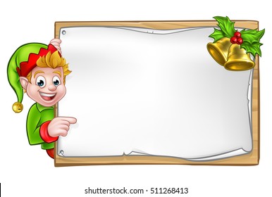 Christmas elf cartoon character peeking around wooden scroll sign with gold bells and holly and pointing