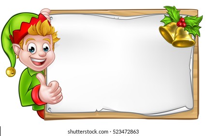 Christmas elf cartoon character peeking around wooden scroll sign with gold bells and holly and giving a thumbs up