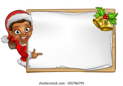 Christmas elf cartoon character in Santa hat peeking around wooden scroll sign with gold bells and holly and pointing