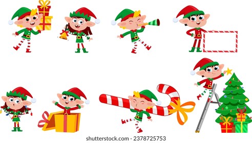 Christmas Elf Cartoon Characters. Vector Flat Design Collection Set Isolated On Transparent Background