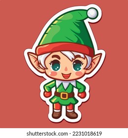 Christmas elf cartoon sticker, xmas santa elf stickers with ornament. Winter holidays