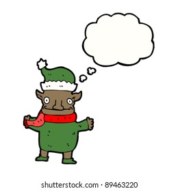 caricatura del elfo de navidad con burbuja de pensamiento